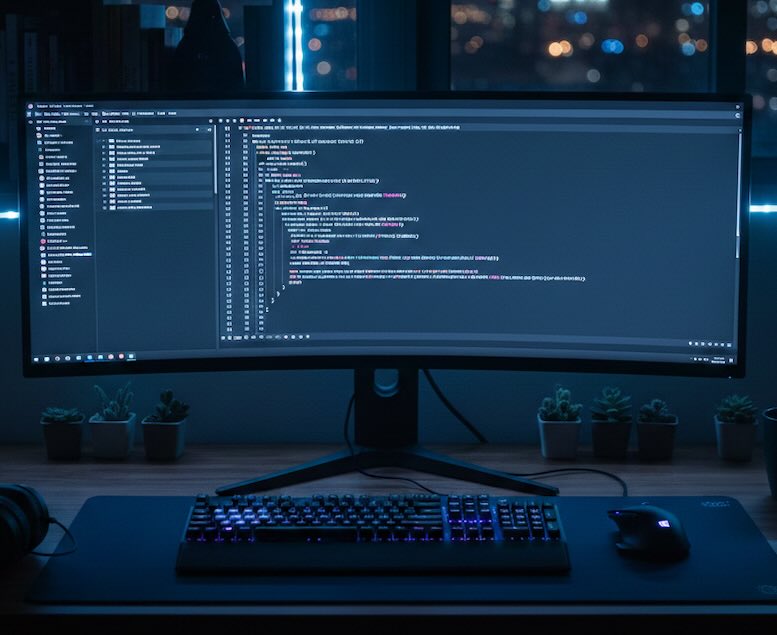 Dark minimal developer workspace with code editor
