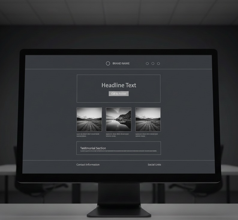 Minimal dark website wireframe showing clean layout and structure